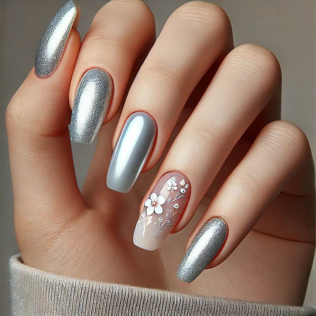 Silver Chrome Nails with Glitter Gradient and Floral Accents