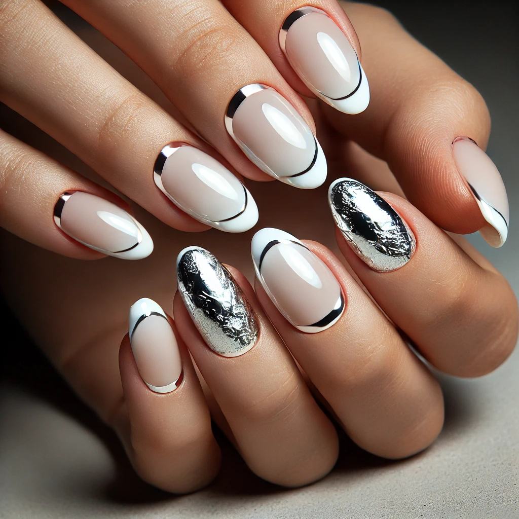 Silver Foil French Tips on White Chrome