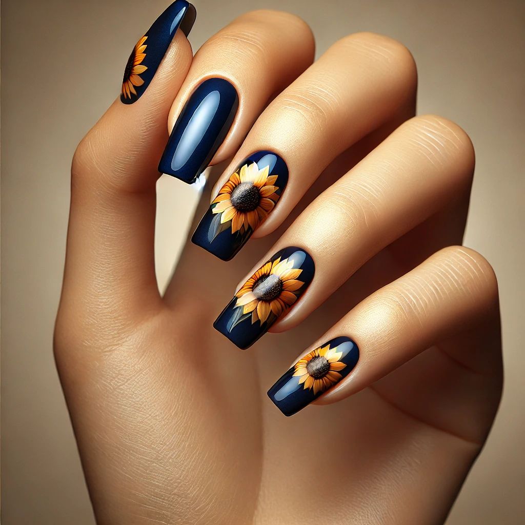 Sunflower on Dark Blue Nails