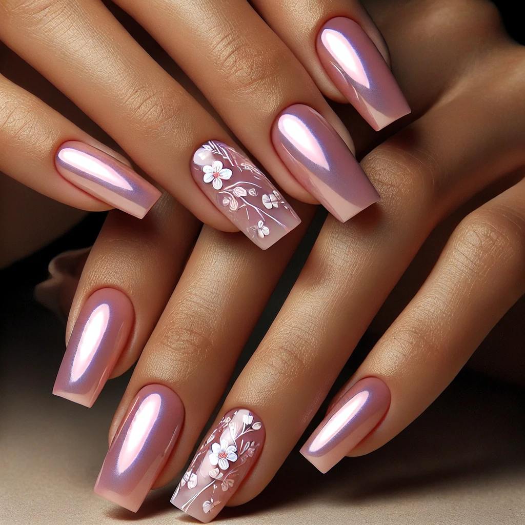 Baby Pink Chrome with Floral Accents