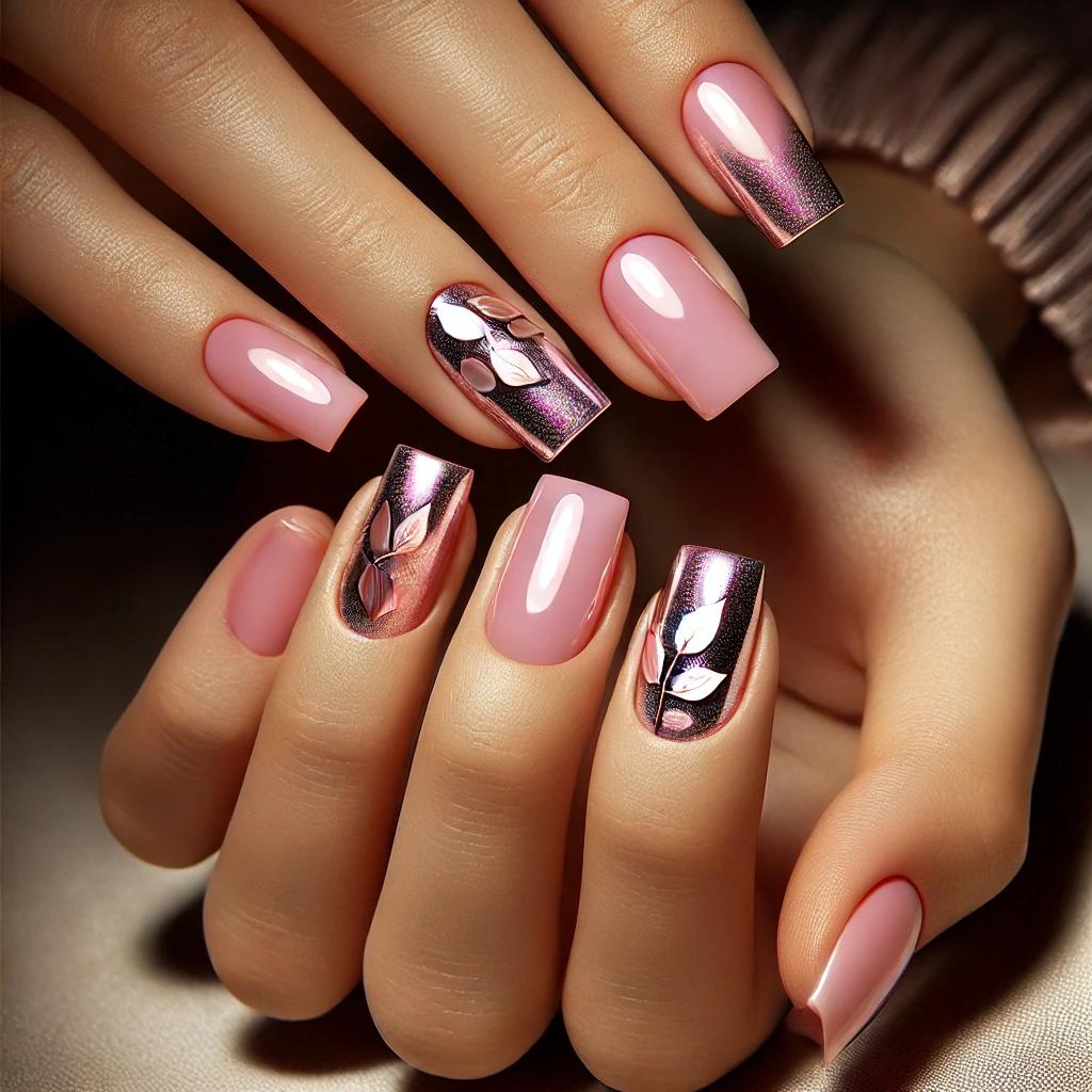 Baby Pink Chrome with Foil Leaves