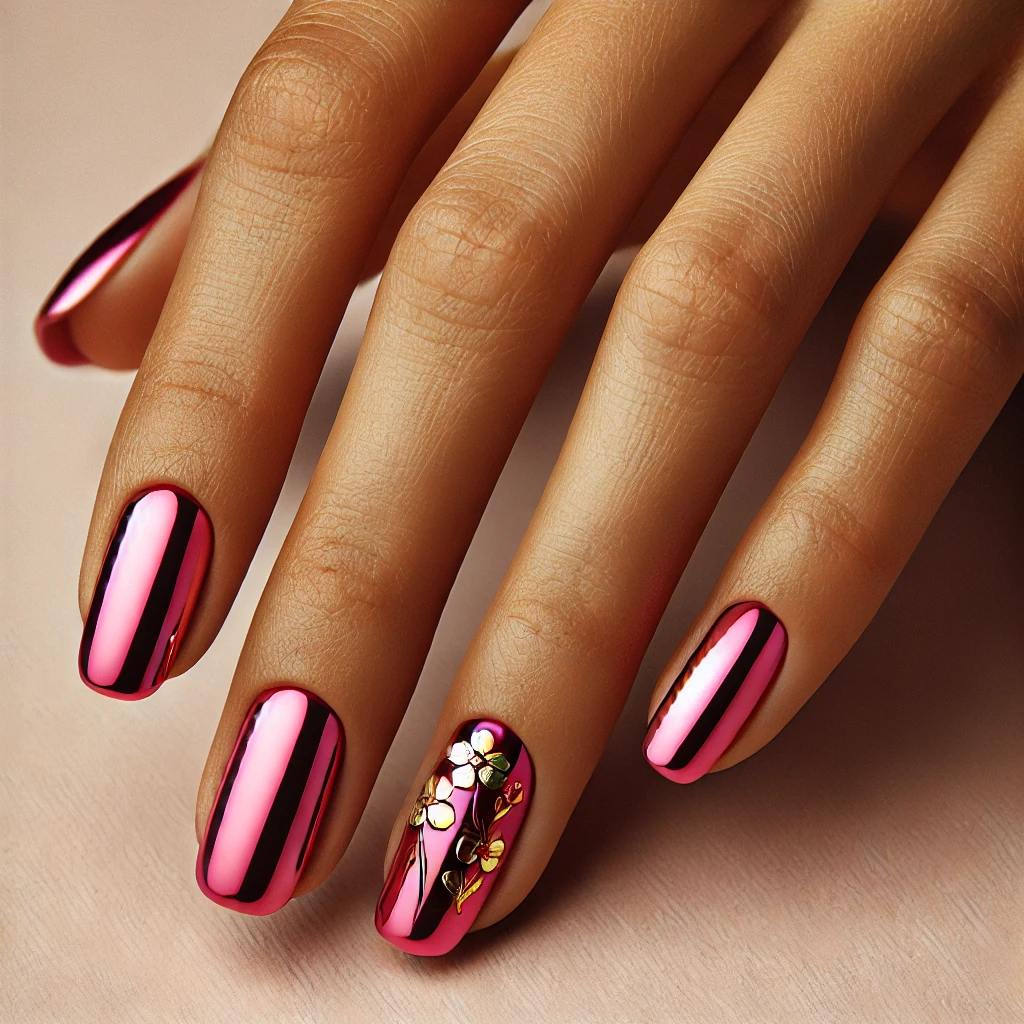 Hot Pink Chrome Nails with Gold Foil Flowers