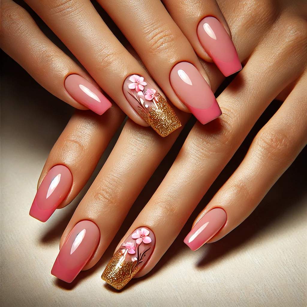 Hot Pink French Tips with Gold Sparkles and Flowers