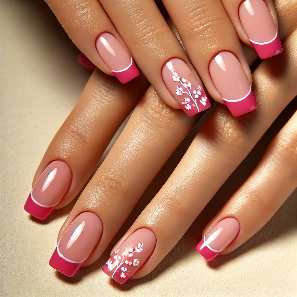 Hot Pink French Tips with Tiny Vine Flowers