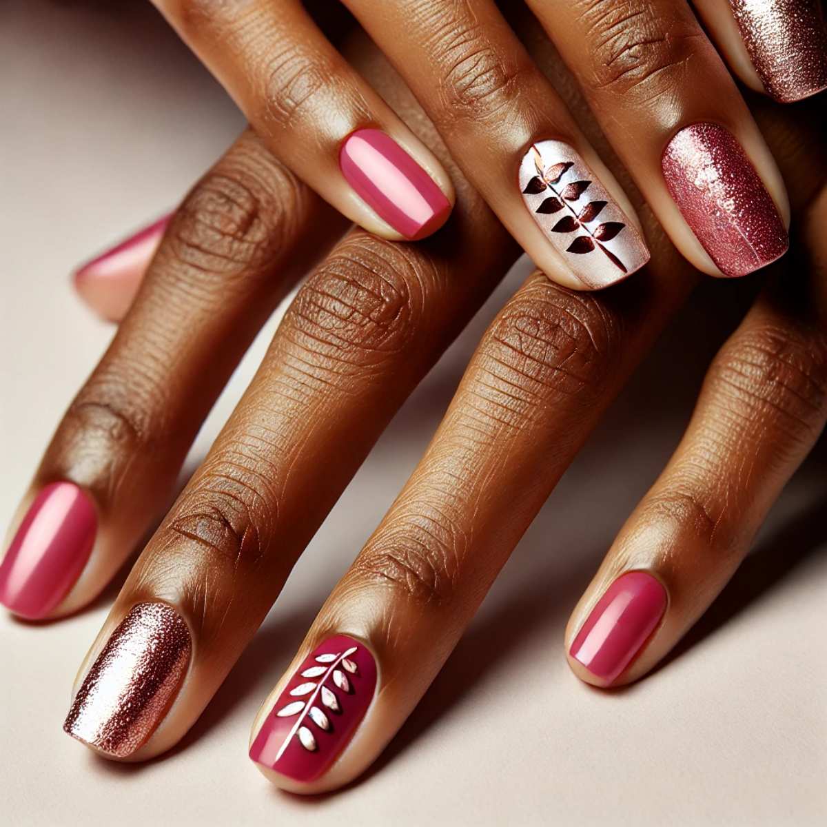 Hot Pink Nails with Foil Leaves and Floral Accents