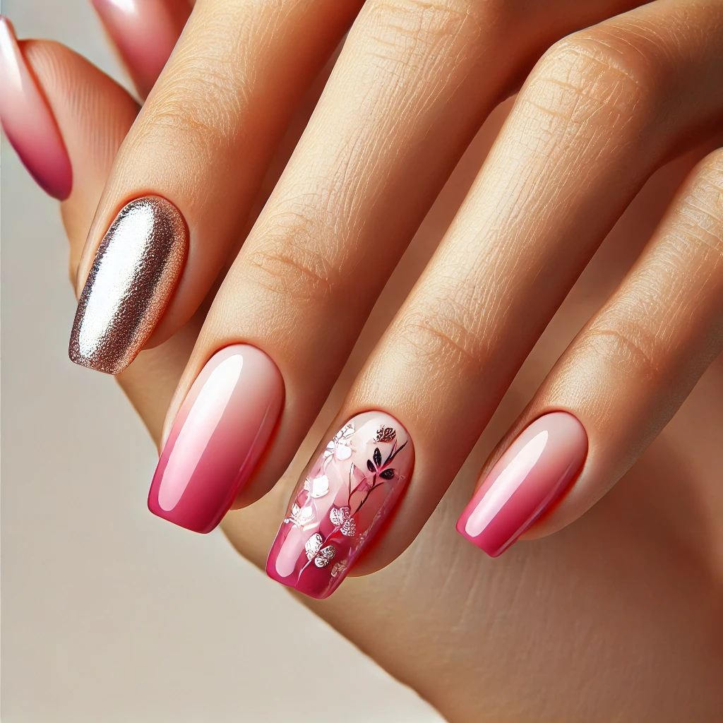 Hot Pink Nails with Ombre and Silver Floral Foil