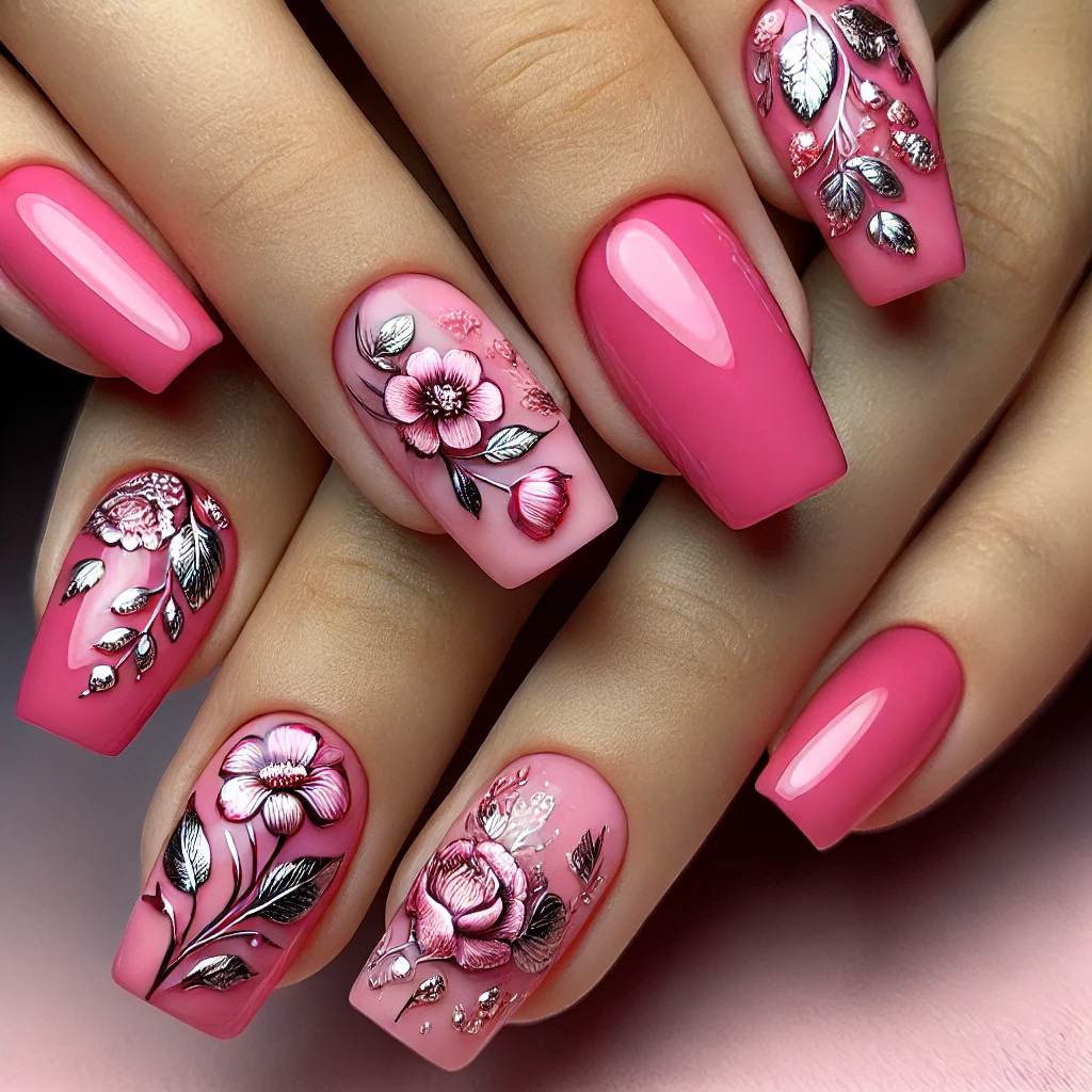 Hot Pink Nails with Silver Foil and Rose Designs