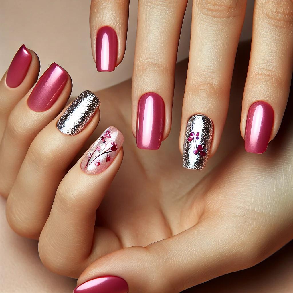 Hot Pink Ombre Nails with Floral Stamping