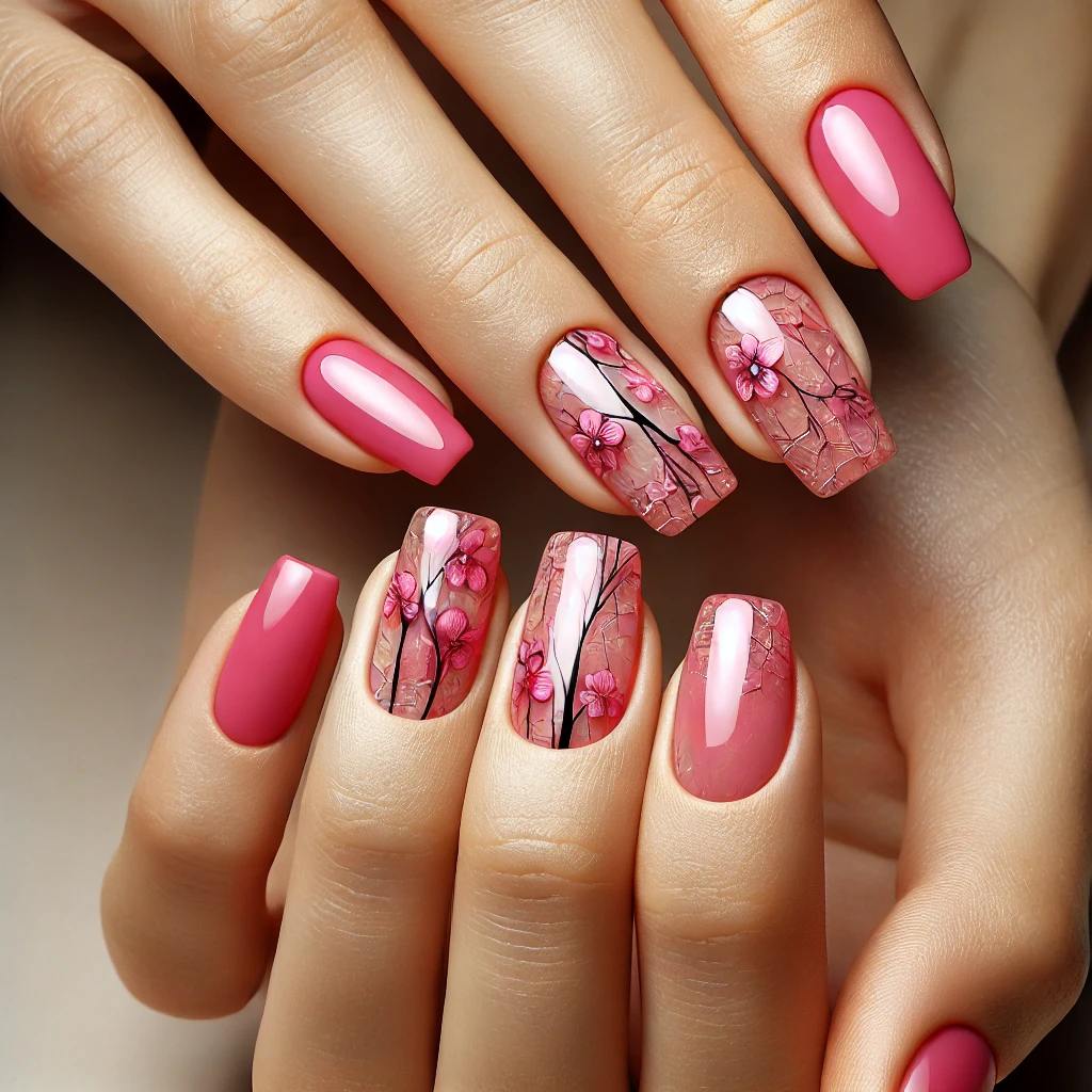 Hot Pink with Shattered Glass and Floral Art