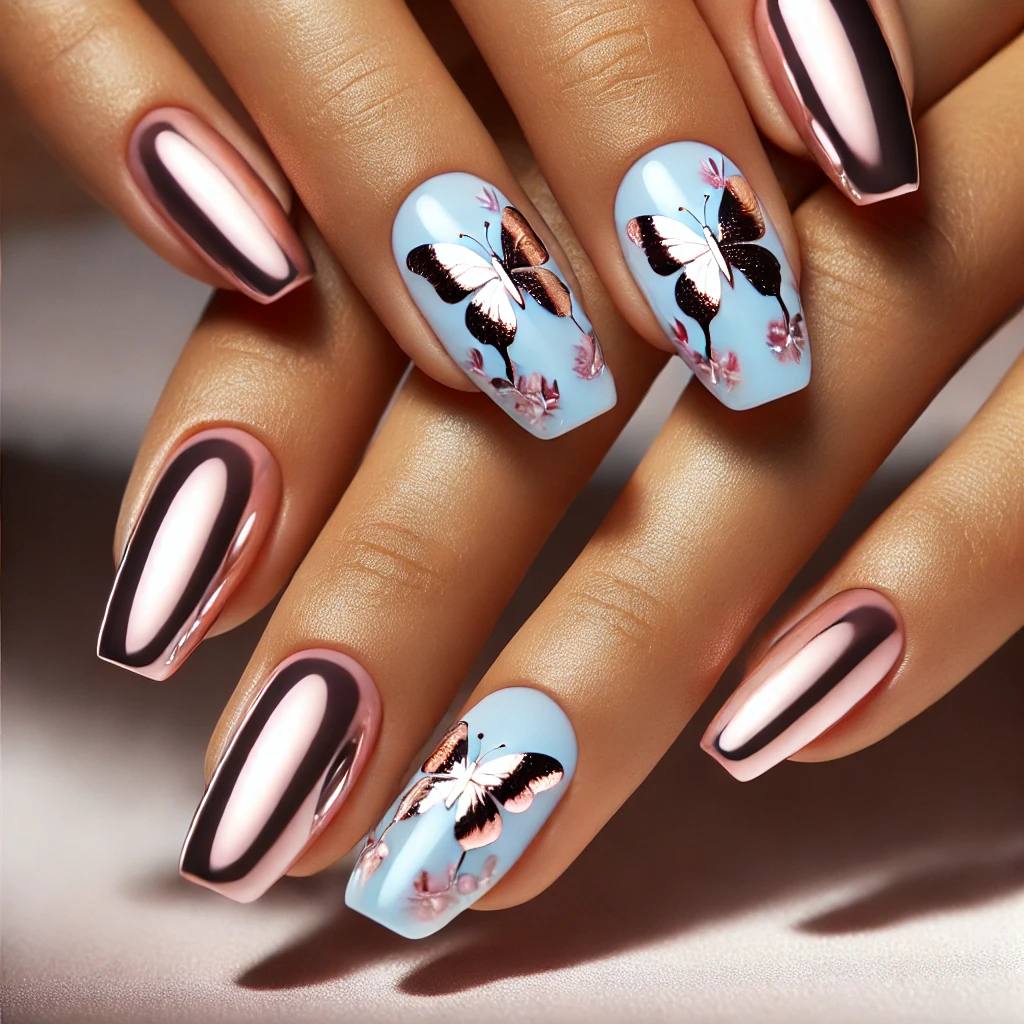 Light Pink Chrome Butterfly Nails