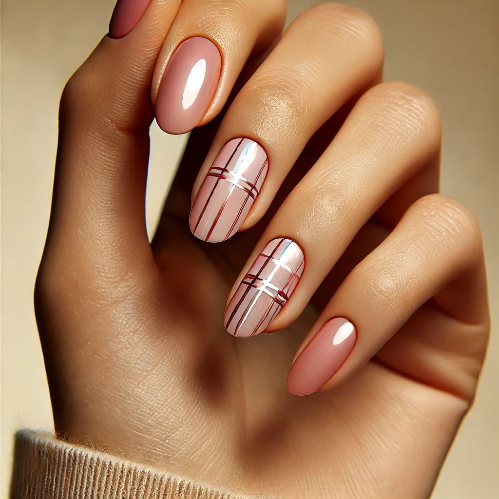 Light Pink Chrome Plaid Nails